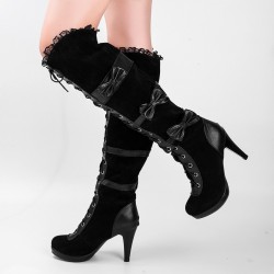 Moda mujer botas clsicas gticas Cosplay negro vegana cuero sobre la rodilla Lolita arcos tobillo b