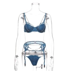 Goocheer Sexy Lingerie Ultra-thin Transparent Bra Set with Crystal Chain Lace Bra Set 3pcsset BraT