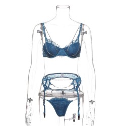 Sexy Lingerie Ultra-thin Transparent Bra Set with Crystal Chain Lace Bra Set 3pcsset BraT