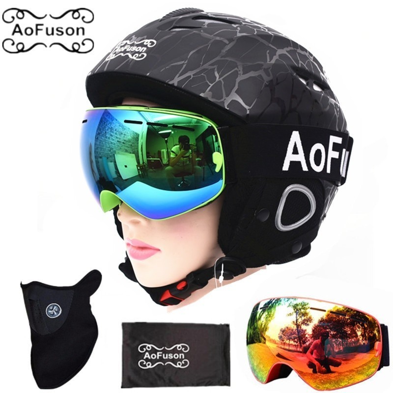 Snowboard esqu casco con Anti-niebla gafas de esqu moldeado integralmente transpirable casco doble