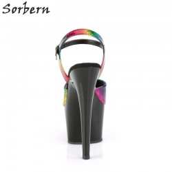 Rainbow black stripper pole dance sandals summer shoes 17cm high heels platform shoes hologr