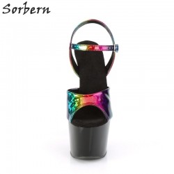 Rainbow black stripper pole dance sandals summer shoes 17cm high heels platform shoes hologr