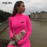 FQLWL estampado de letras Mini vestido Sexy rosa para Club Vestido de manga larga con cremallera ves