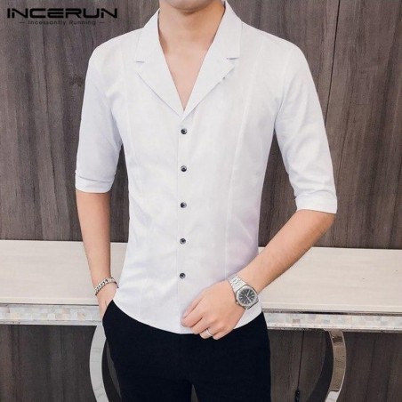 Moda tendencia hombres Color slido media manga solapa camisa de vestir Casual elegante Delgado Bot