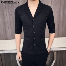 Moda tendencia hombres Color slido media manga solapa camisa de vestir Casual elegante Delgado Bot