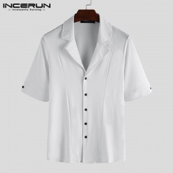 Moda tendencia hombres Color slido media manga solapa camisa de vestir Casual elegante Delgado Bot