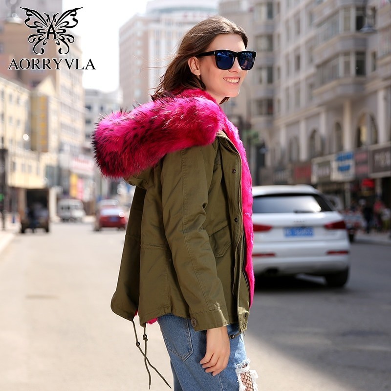 AORRYVLA 2018 chaqueta para mujer chaqueta de invierno corta de piel de mapache Natural con Capucha