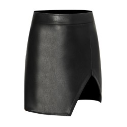 Benuynffy Sexy alta cintura PU faldas de cuero para mujer Otoo Invierno negro dividido Mini falda f