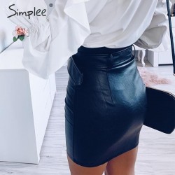 Simplee Sash zipper alta cintura Falda corta Sexy negro PU cuero lpiz mini faldas Otoo Invierno pa