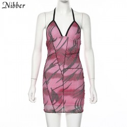 NIBBER Rosa lazo sexy verano vacaciones mujeres mini vestido de hombro con cordones ropa Casual para