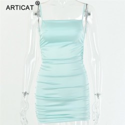 Spaghetti Strap Mini Satin Dress Women Sexy Backless Cross Bandage Bodycon Party Dress Pleat