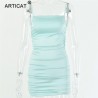 Spaghetti Strap Mini Satin Dress Women Sexy Backless Cross Bandage Bodycon Party Dress Pleat