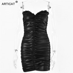 Articat volantes de hombro Sexy vestido de cuero negro sin espalda ajustado vestido de Navidad corto