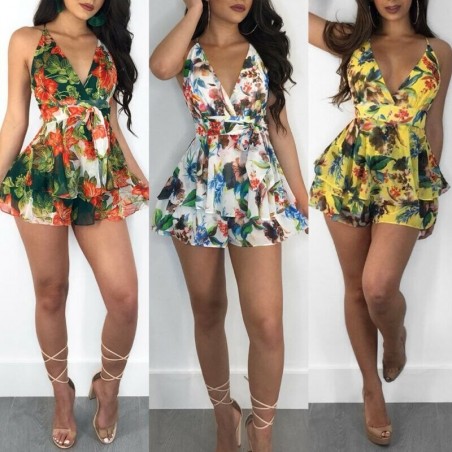 New Fashion Women Sleeveless Floral Bodysuits Summer Beachwear Party Bodysuit Feminino Sexy V-n