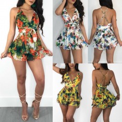 New Fashion Women Sleeveless Floral Bodysuits Summer Beachwear Party Bodysuit Feminino Sexy V-n