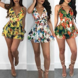 New Fashion Women Sleeveless Floral Bodysuits Summer Beachwear Party Bodysuit Feminino Sexy V-n