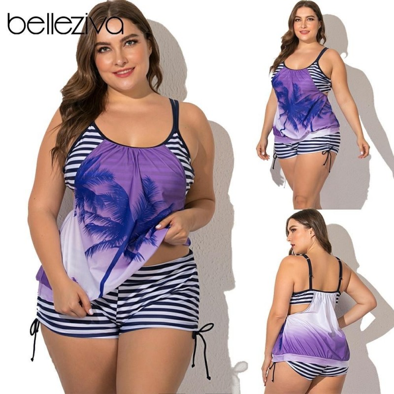 Belleziva de talla grande para mujer traje de bao de dos piezas con estampado Hawaiano prpura traj