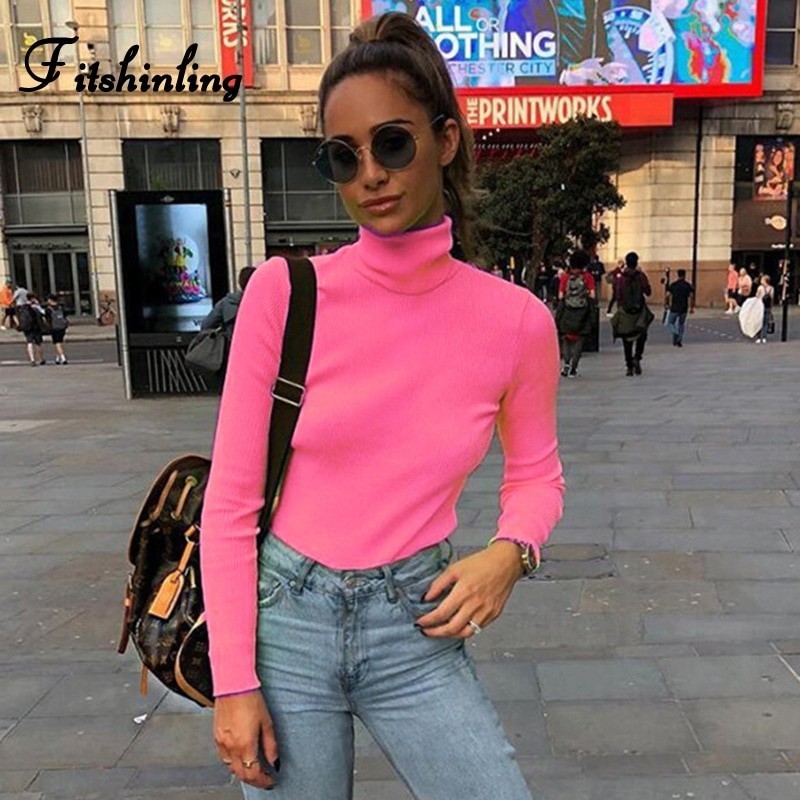 Fitshinling moda caliente 2020 camisetas fluorescentes mujeres tops nen manga larga slim turtleneck