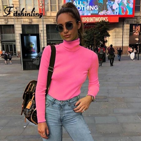 Fitshinling moda caliente 2020 camisetas fluorescentes mujeres tops nen manga larga slim turtleneck