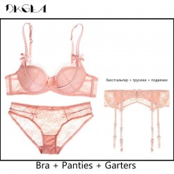 Bra sets New Fashion Women Lingerie Set Thin Cotton Brassiere Embroidery Pink Lace Bra Set 3 Piece BraPantie