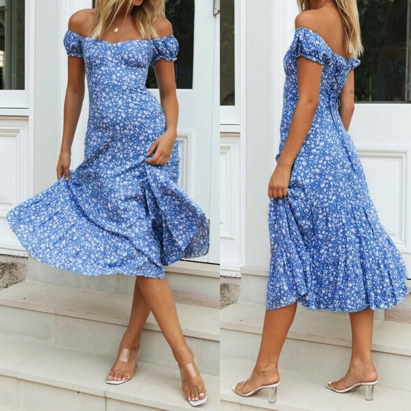 Verano sin hombro Floral impreso Midi plisado vestido damas vacaciones Boho volantes vestidos