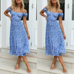 Verano sin hombro Floral impreso Midi plisado vestido damas vacaciones Boho volantes vestidos