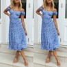 Verano sin hombro Floral impreso Midi plisado vestido damas vacaciones Boho volantes vestidos