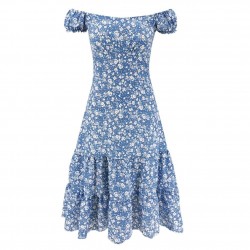 Verano sin hombro Floral impreso Midi plisado vestido damas vacaciones Boho volantes vestidos