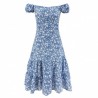 Verano sin hombro Floral impreso Midi plisado vestido damas vacaciones Boho volantes vestidos