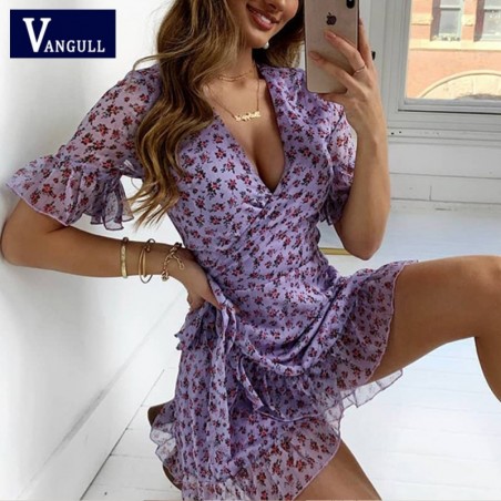 Vangull mujeres Lila Floral Wrap vestido de verano elegante manga de llamarada Boho imprimir Mini ve