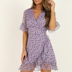 Vangull mujeres Lila Floral Wrap vestido de verano elegante manga de llamarada Boho imprimir Mini ve