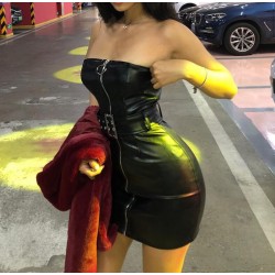 2019 vestido de cuero para mujeres vestido de piel sinttica suave sin tirantes Sexy ajustado retro