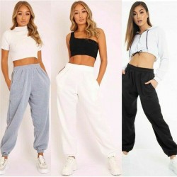 Nueva moda para mujer pantalones holgados informales de dos bolsillos con cordn de velln para corr