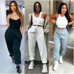 Nueva moda para mujer pantalones holgados informales de dos bolsillos con cordn de velln para corr