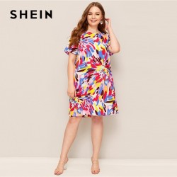 SHEIN de talla grande Multicolor Splash impresin vestido tnica 2019 las mujeres verano Casual rect
