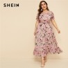 Plus Size Pink Ruffle Hem Floral Print Belted Long Dress