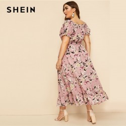 SHEIN Plus tamao Rosa volante dobladillo estampado Floral vestido largo con cinturn mujeres 2019 v