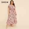 SHEIN Plus tamao Rosa volante dobladillo estampado Floral vestido largo con cinturn mujeres 2019 v