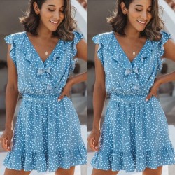 Dot Print V Neck Tie Up Boho Sleeveless Dress