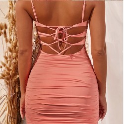 Lace Up Pleated Sexy Summer Dress Women Backless Bodycon Dresses Female Night Party Short Vestidos 2