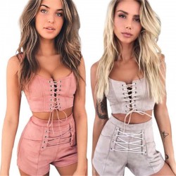 Las mujeres Braga traje de ocio Casual Color slido Top corto sin mangas blusa  Pantalones de dos p