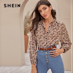 SHEIN Multicolor Mock Neck Ditsy Floral Print camisa blusa mujer primavera otoo botn frontal manga