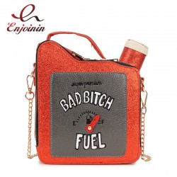Moda divertida personalidad bordado letras gasolina botella forma cadena bolso de hombro bolso de la