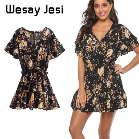 Vestido de mujer verano 2020 moda vintage estampado floral cuello pico A-line Minivestido de fiesta