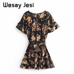 Vestido de mujer verano 2020 moda vintage estampado floral cuello pico A-line Minivestido de fiesta