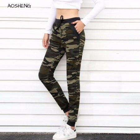 AOSHENG 2019 nuevo camuflaje Joggers mujeres Pantalones de chndal Harem Camo Pantalones con cordn