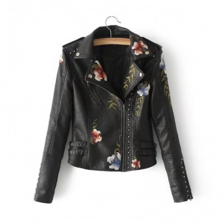 Flowers Embroidery Black Leather Jacket Lady Motorcycle Fashion Street Women Faux Leather Washed PU