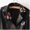 Flowers Embroidery Black Leather Jacket Lady Motorcycle Fashion Street Women Faux Leather Washed PU