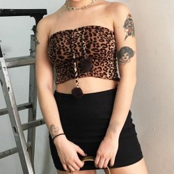 Sweetpropio leopardo impreso tubo Tops mujeres lindo Sexy sin tirantes Crop Top con bola de pelo ver