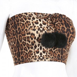 Sweetpropio leopardo impreso tubo Tops mujeres lindo Sexy sin tirantes Crop Top con bola de pelo ver